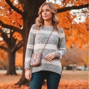 Pink Rose Women's Knitted Striped Pullover Sweater Gray‎ Cream White Size Small